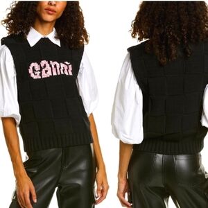 Ganni Logo Checkboard Knit Vest Dark Navy Small NWOT